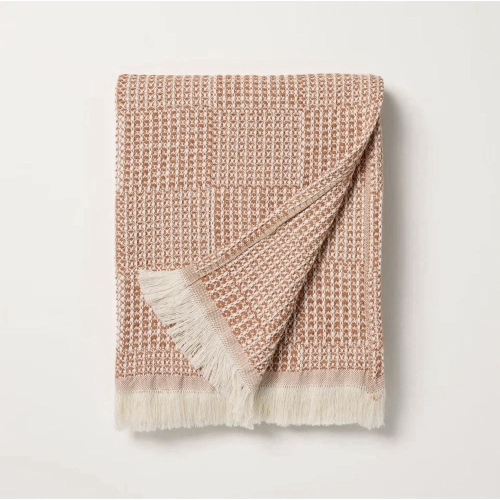 Hearth & Hand Magnolia Throw Blanket‎ Checkered Knit Fringe Neutral Blush Rust